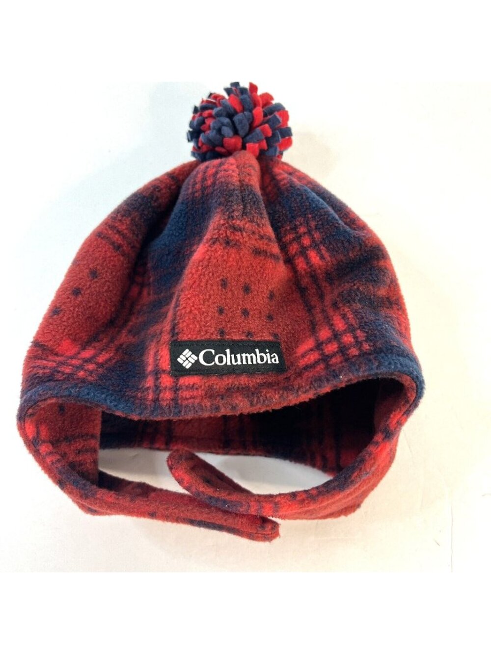 COLUMBIA Toddler Fleece Beanie Hat Ear Flaps Pom Pom Size 0/S Red Plaid